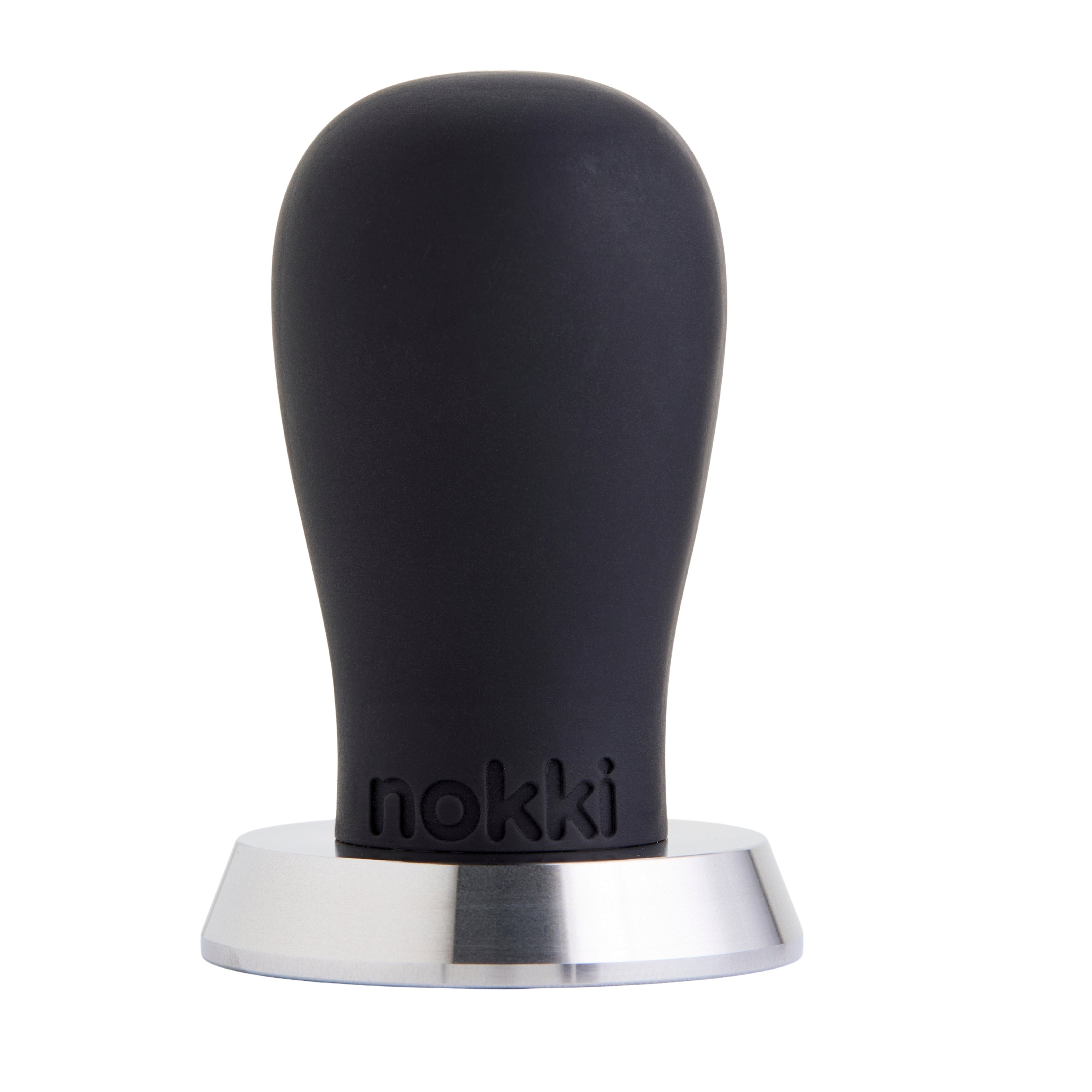 A Nokki 51mm coffee tamper with a matte black silicone handle and a machined 316 stainless steel base, shown on a solid white background.
